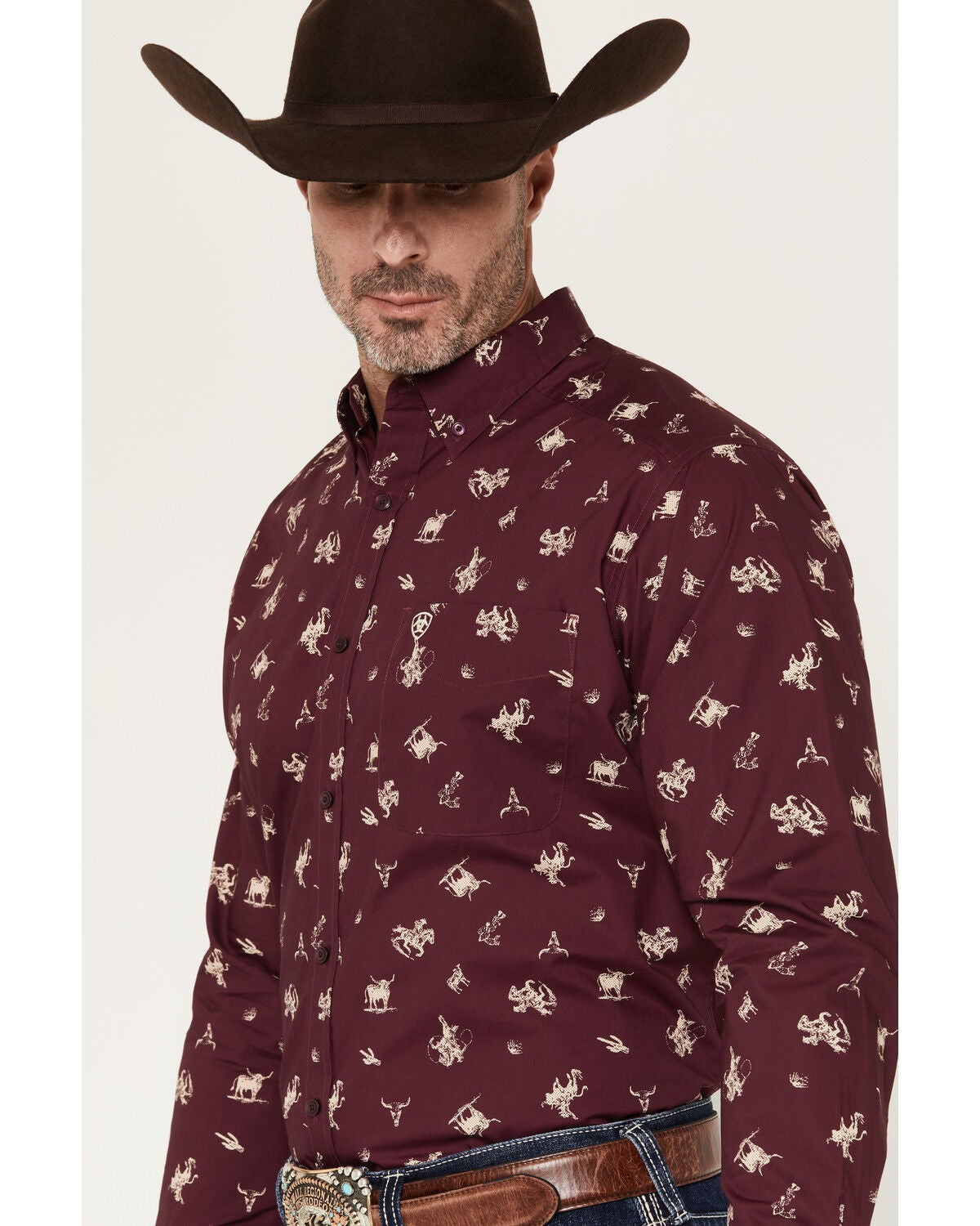 Image #2 - Ariat Men's Canaan Cowboy Print Long Sleeve Button-Down Western Shirt, Burgundy, hi-res
