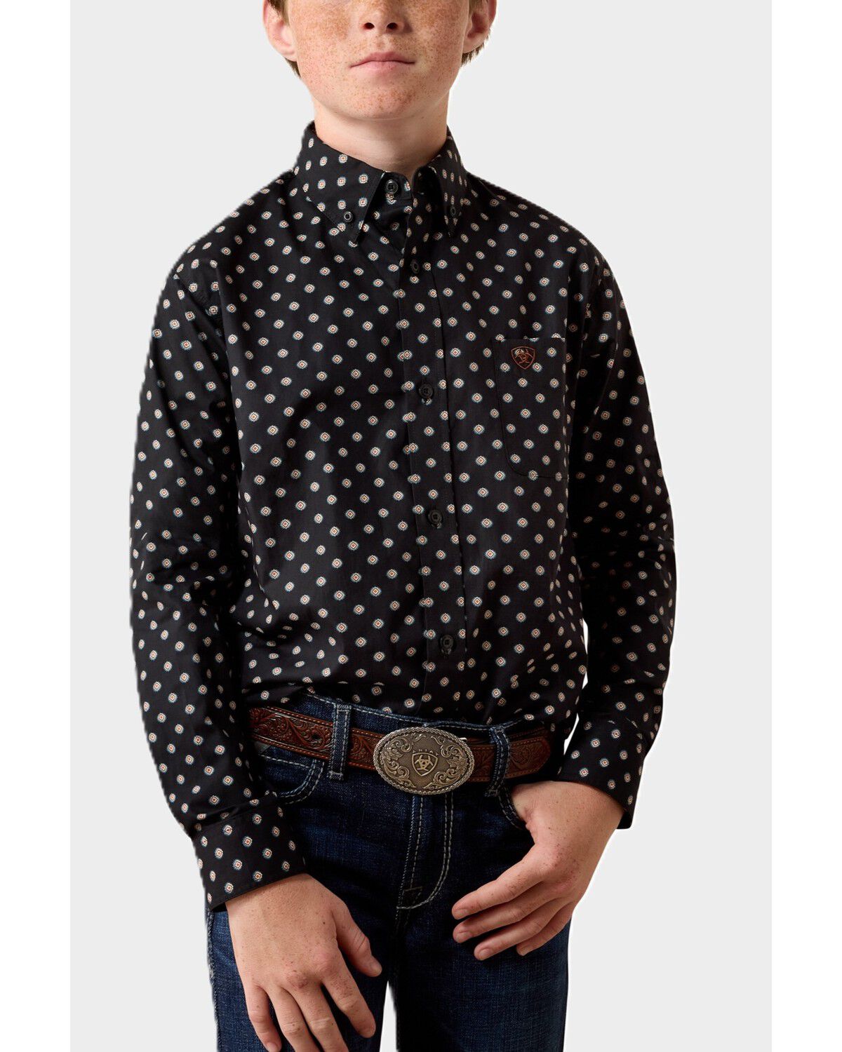 Image #1 - Ariat Boys' Larsen Geo Print Long Sleeve Button-Down Western Shirt, Black, hi-res