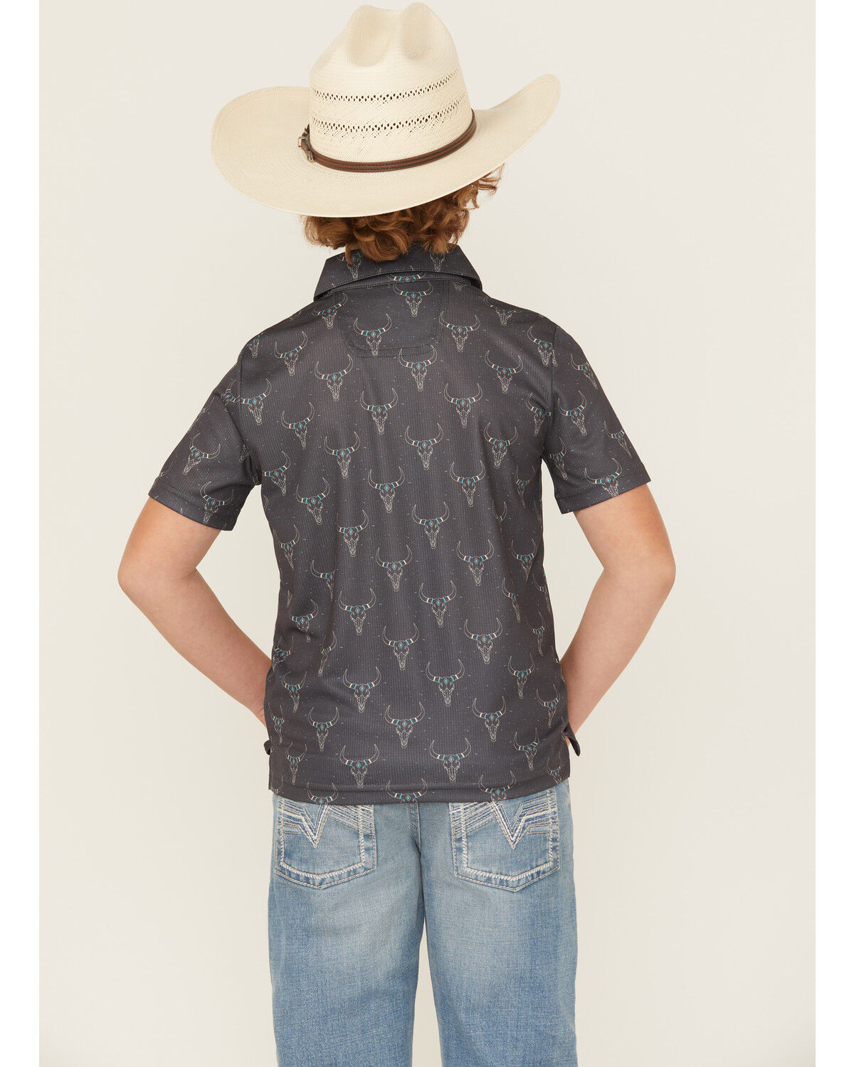 Product Name:  Rock & Roll Denim Boys' Long Horn Print Short Sleeve Button-Down Polo