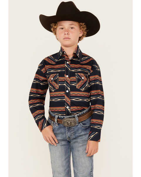 Rock & Roll Denim Boys' Southwestern Print Long Sleeve Snap Western Shirt, Peach, hi-res