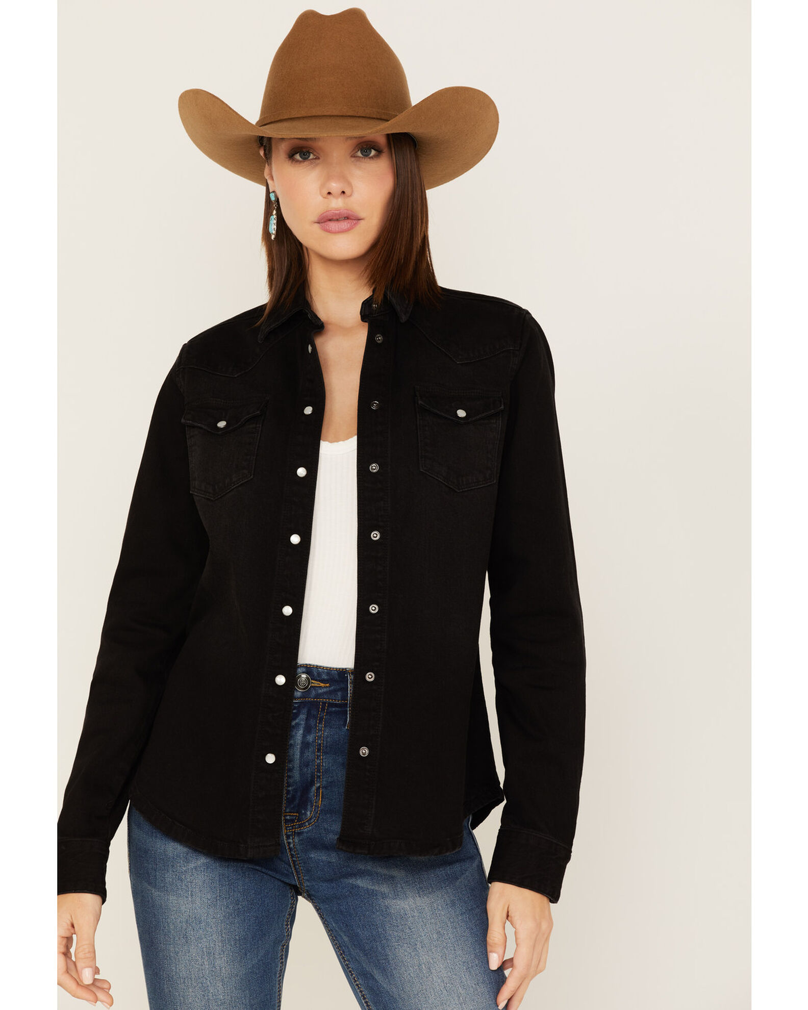 Denim pearl snap shirt women's on sale
