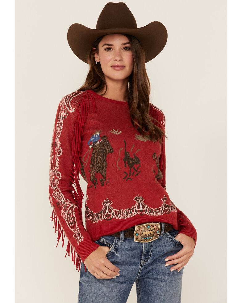 Tasha Polizzi Women's Fringe Western Howdy Sweater, Red, hi-res