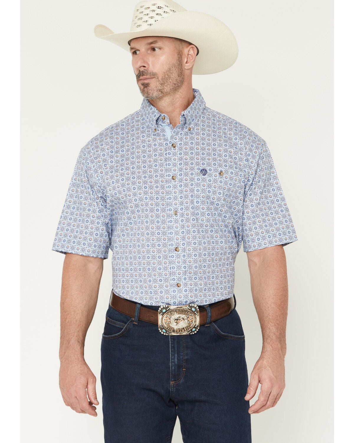 George Strait by Wrangler Men's Geo Print Short Sleeve Button-Down Stretch Western Shirt, Blue, hi-res