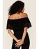 Jolt Women's Smocked Off-Shoulder Crochet Top, Black, hi-res
