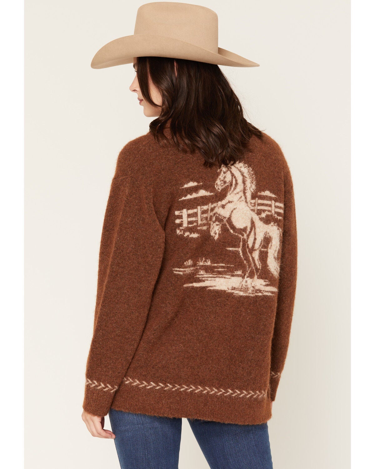 Image #4 - Shyanne Women's Remington Horse Icon Button-Down Cardigan, Brown, hi-res