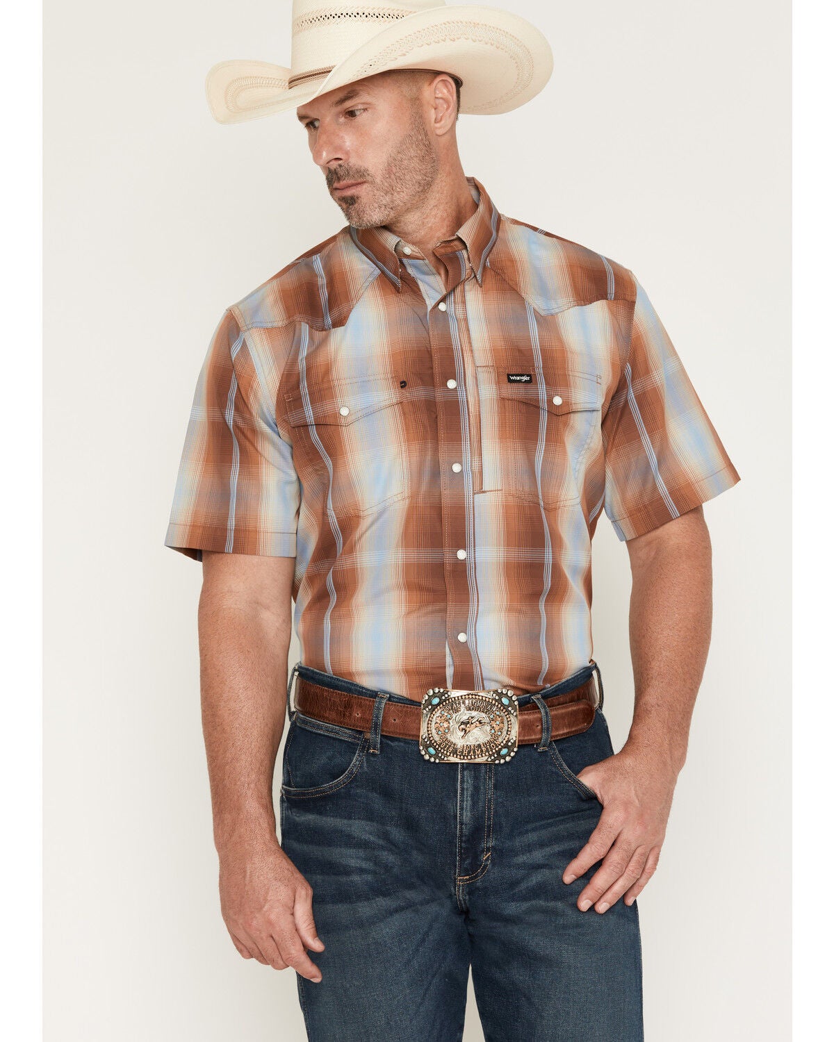 Image #1 - Wrangler ATG Men's Plaid Print Short Sleeve Snap Performance Western Shirt - Big, Multi, hi-res
