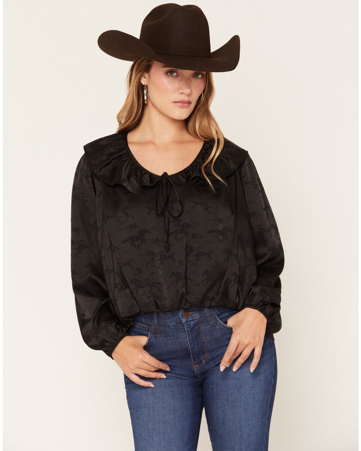 Wild Moss Women's Horse Print Bubble Hem Long Sleeve Top, Black, hi-res