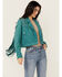 Image #1 - Rock & Roll Denim Women's Faux Suede Moto Fringe Jacket, Teal, hi-res