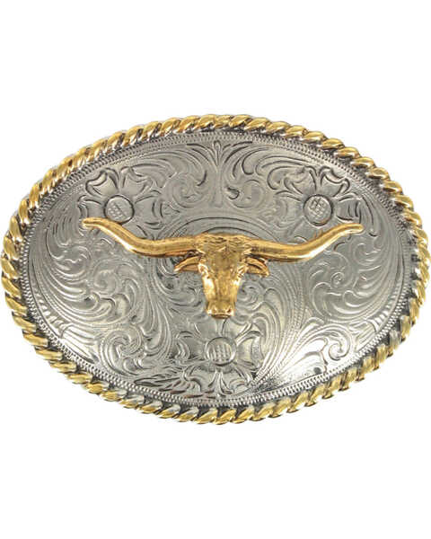 Image #1 - Cody James® Boy's Long Horn Oval Belt Buckle, Silver, hi-res