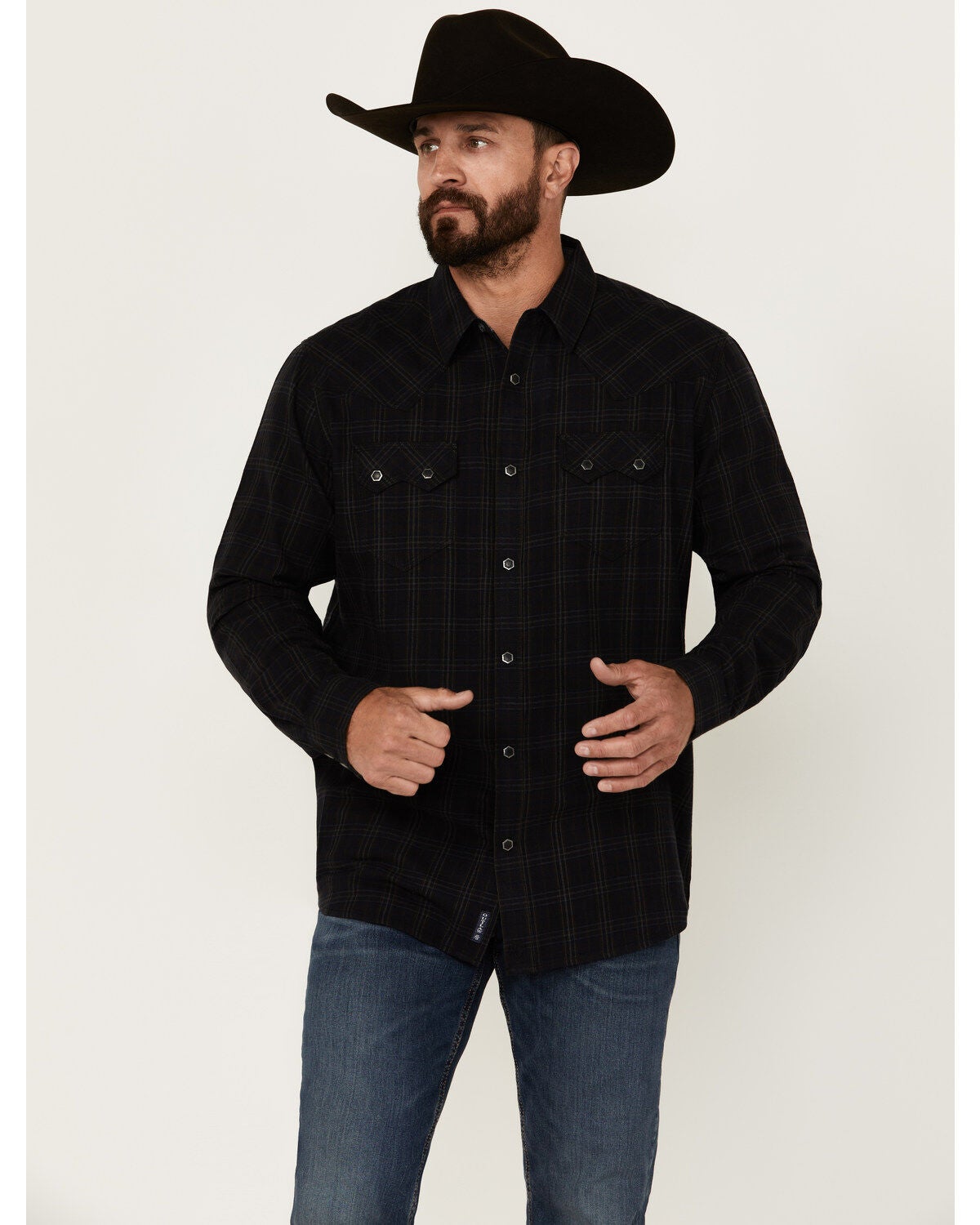 Moonshine Spirit&reg; Men's Blacksmith Plaid Print Long Sleeve Snap Western Shirt, Black, hi-res