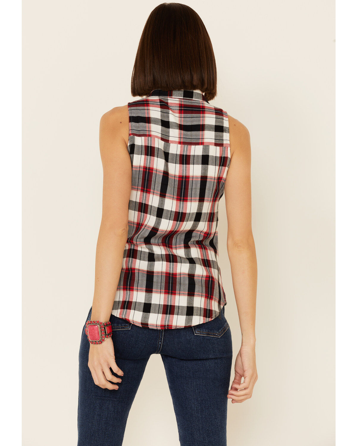 Image #4 - Shyanne Women's Navy Plaid Sleeveless Western Shirt, , hi-res