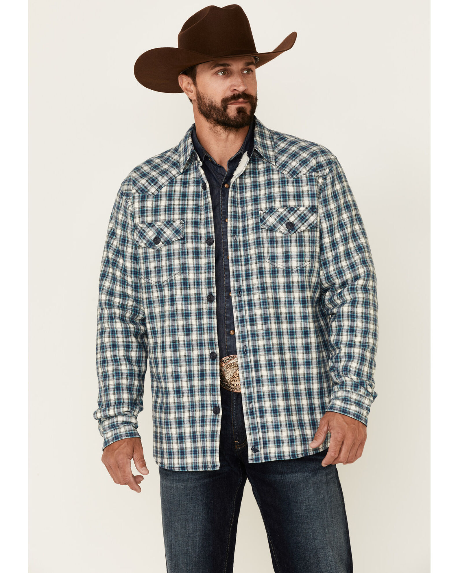 Cody James Men s Bonded Small Plaid Long Sleeve Snap Western