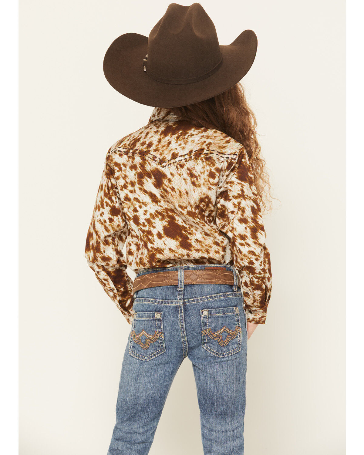 Image #4 - Cowgirl Hardware Girls' Cowhide Print Long Sleeve Pearl Snap Stretch Western Shirt, Brown, hi-res