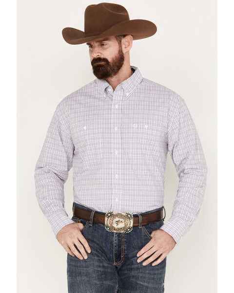 Image #1 - George Strait by Wrangler Men's Plaid Print Button Down Long Sleeve Western Shirt, Light Purple, hi-res