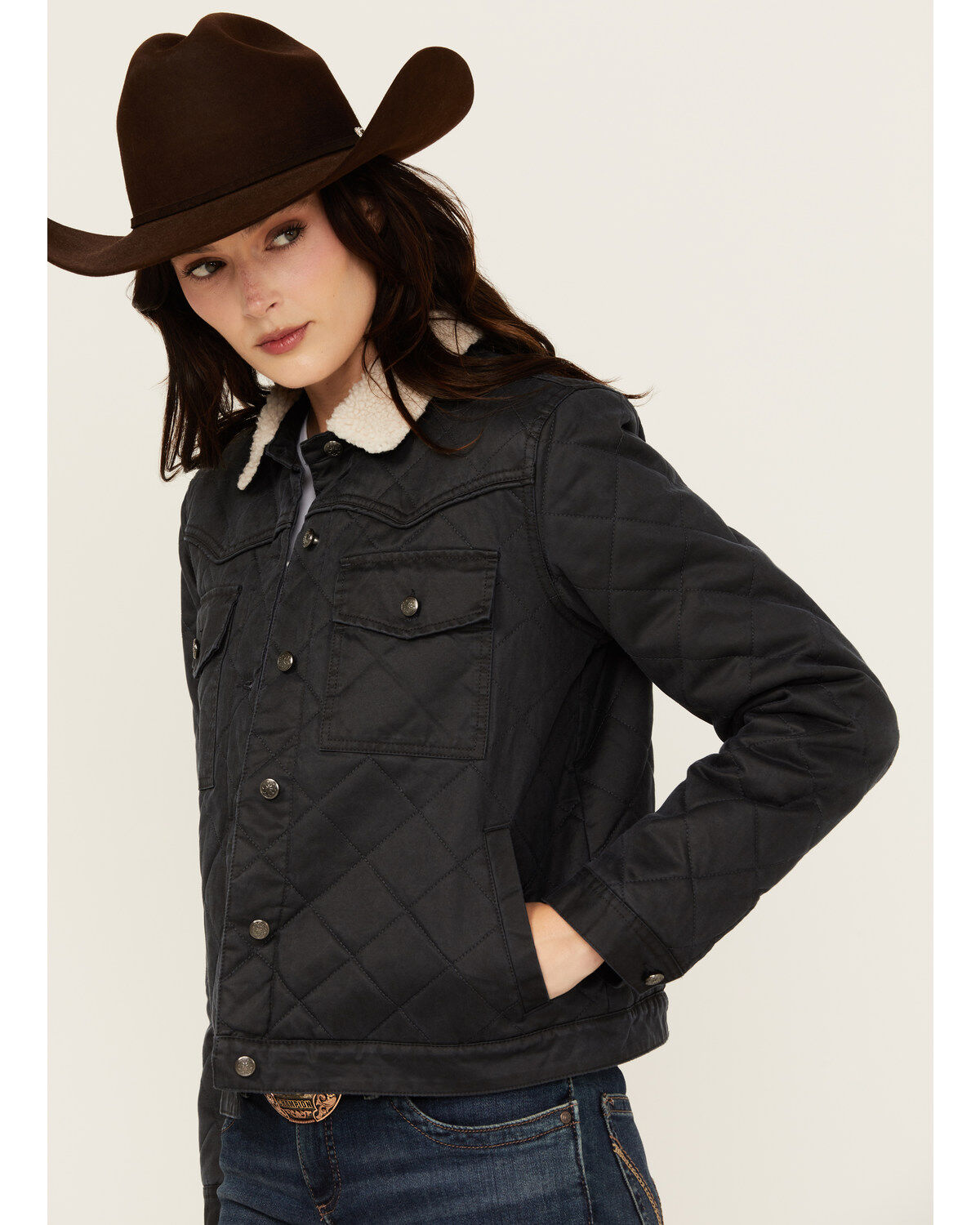 Image #2 - Shyanne Women's Oil Skinned Quilted Sherpa Trimmed Jacket, Navy, hi-res