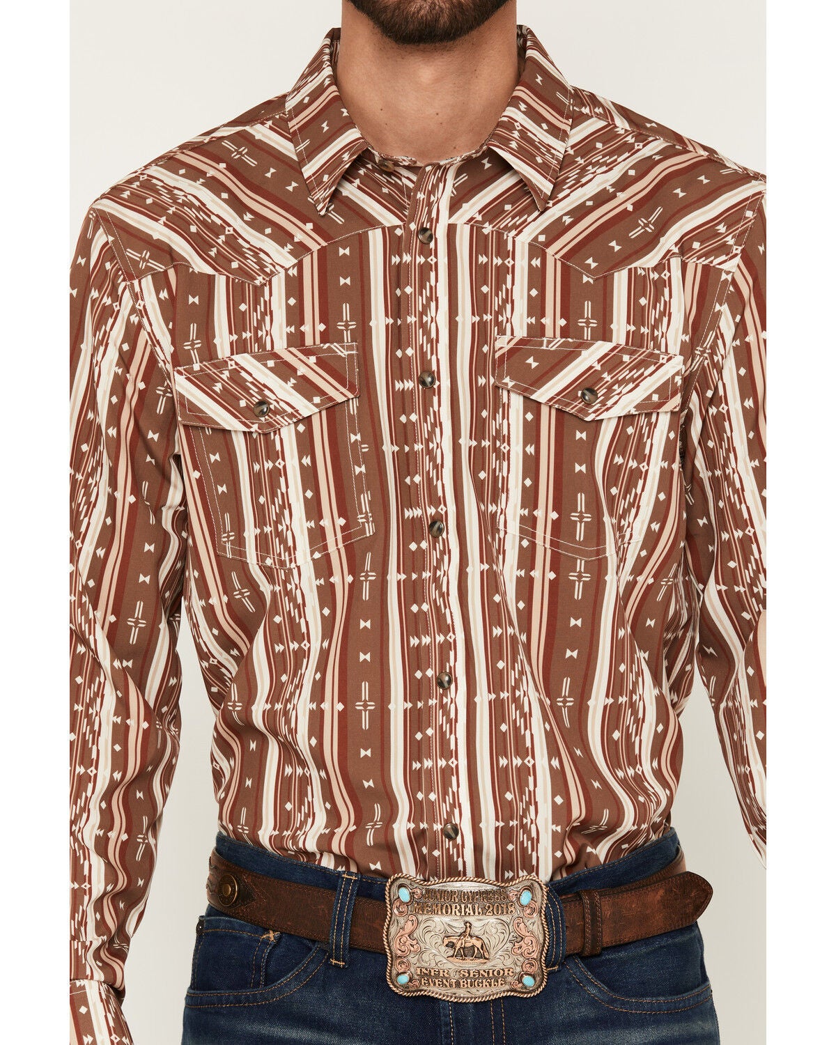 Image #3 - RANK 45&reg; Men's Mesa Trail Southwestern Striped Rodeo Tech 2.0 Long Sleeve Snap Western Shirt, Brown, hi-res