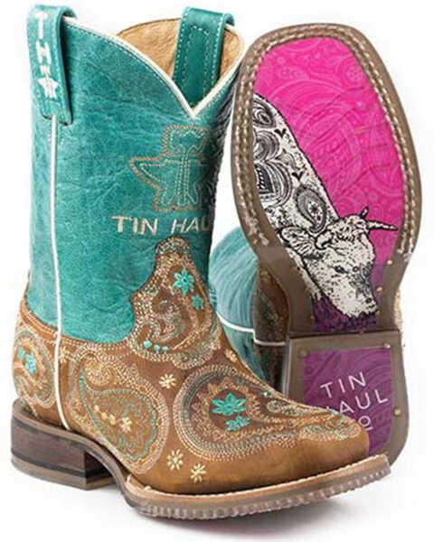 Tin Haul Girls' Pretty Paisley Western Boots - Square Toe, Tan, hi-res