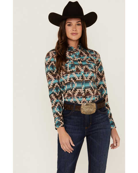Panhandle Women's Southwestern Print Long Sleeve Snap Western Shirt, Teal, hi-res