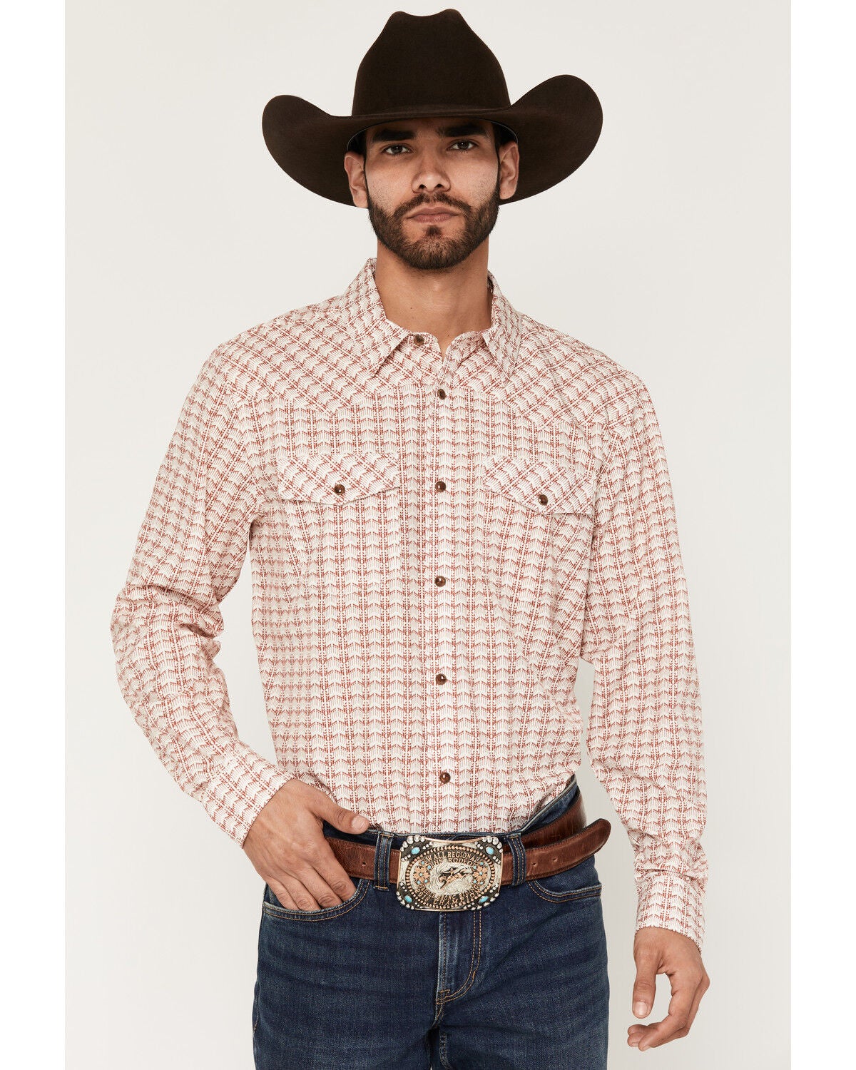 Image #1 - RANK 45&reg; Men's Harvest Chevron Geo Print Rodeo Tech 2.0 Long Sleeve Snap Stretch Western Shirt, Burgundy, hi-res