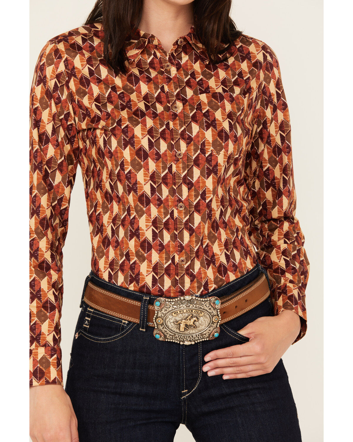 Image #3 - Shyanne Women's Diamond Printed Long Sleeve Button-Down Stretch Western Riding Shirt, Caramel, hi-res