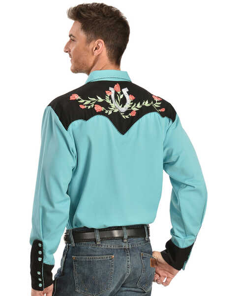 Image #3 - Scully Men's Rose & Horseshoe Embroidered Retro Long Sleeve Western Shirt, , hi-res