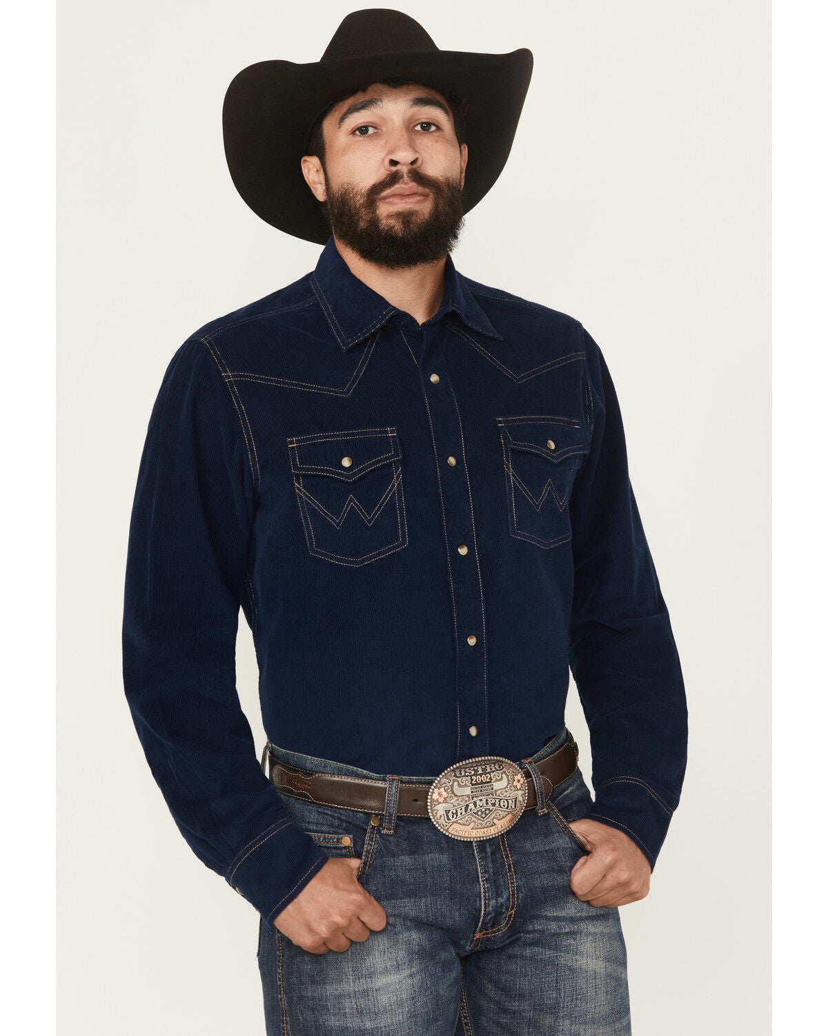 Wrangler Retro Men's Solid Corduroy Long Sleeve Snap Western Shirt, Navy, hi-res