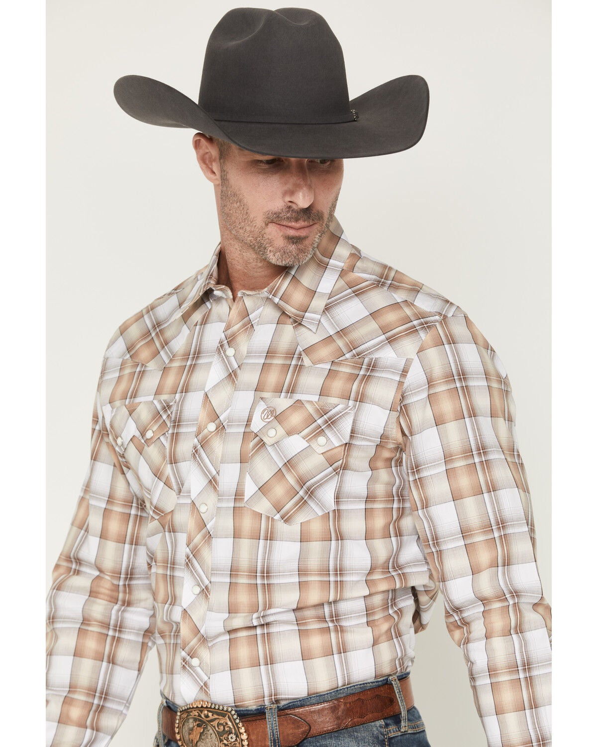 Image #2 - Wrangler Retro Men's Plaid Print Long Sleeve Snap Western Shirt, Tan, hi-res