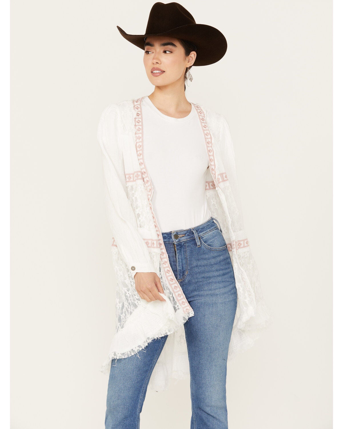 POL Women's Tiered Ditsy Print Long Sleeve Kimono, White, hi-res