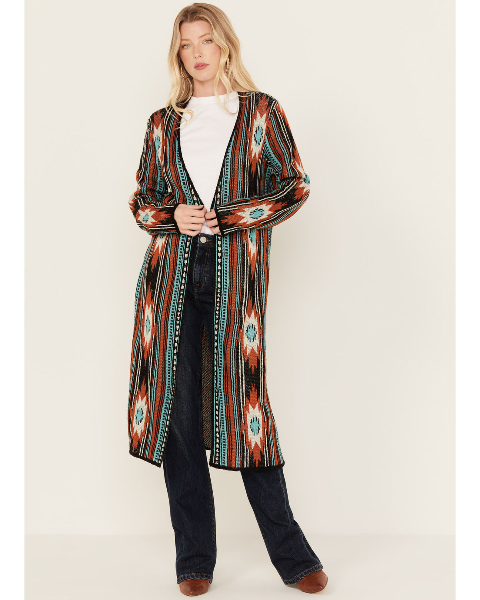 Rock Roll Denim Women s Southwestern Print Long Sleeve Duster Boot Barn