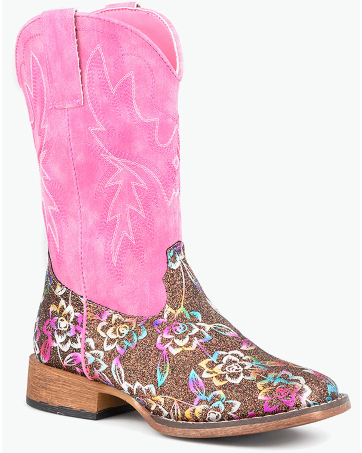 Roper Little Girls' Glitter Rose Western Boots - Broad Square Toe, Brown, hi-res