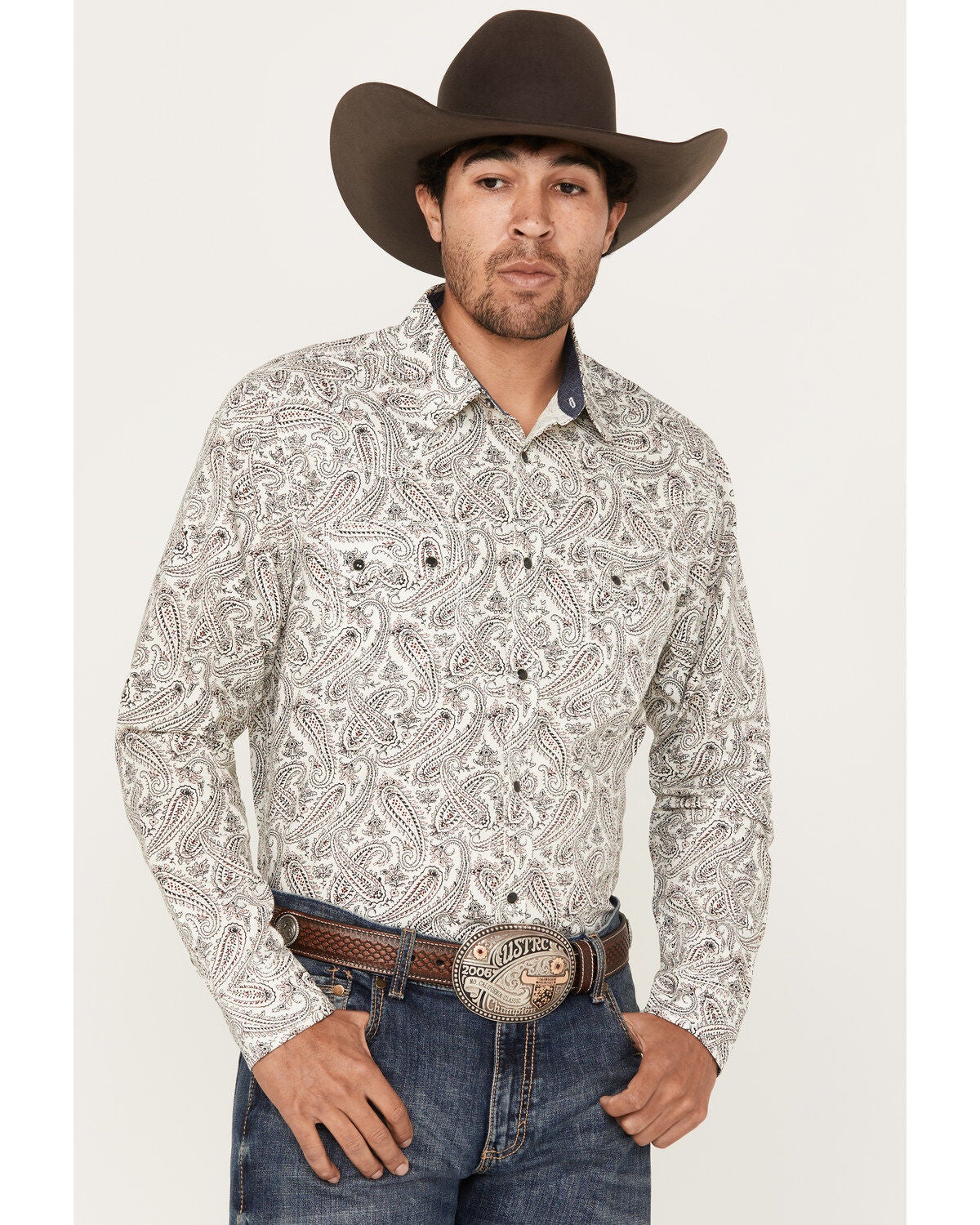 Moonshine Spirit&reg; Men's Goleta Paisley Print Long Sleeve Snap Western Shirt, Ivory, hi-res