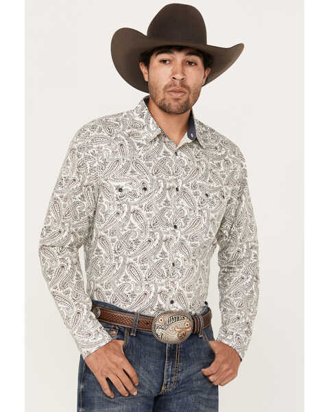 Moonshine Spirit Men's Goleta Paisley Print Long Sleeve Snap Western Shirt, Ivory, hi-res