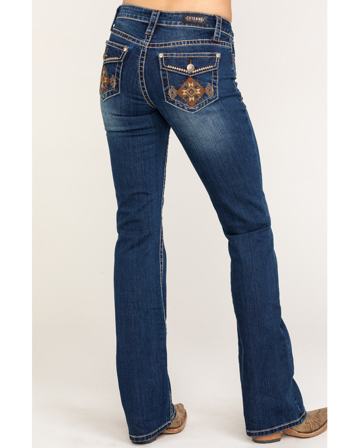 Image #1 - Shyanne Women's Dark Wash Aztec Mock Flap Bootcut Jeans, , hi-res