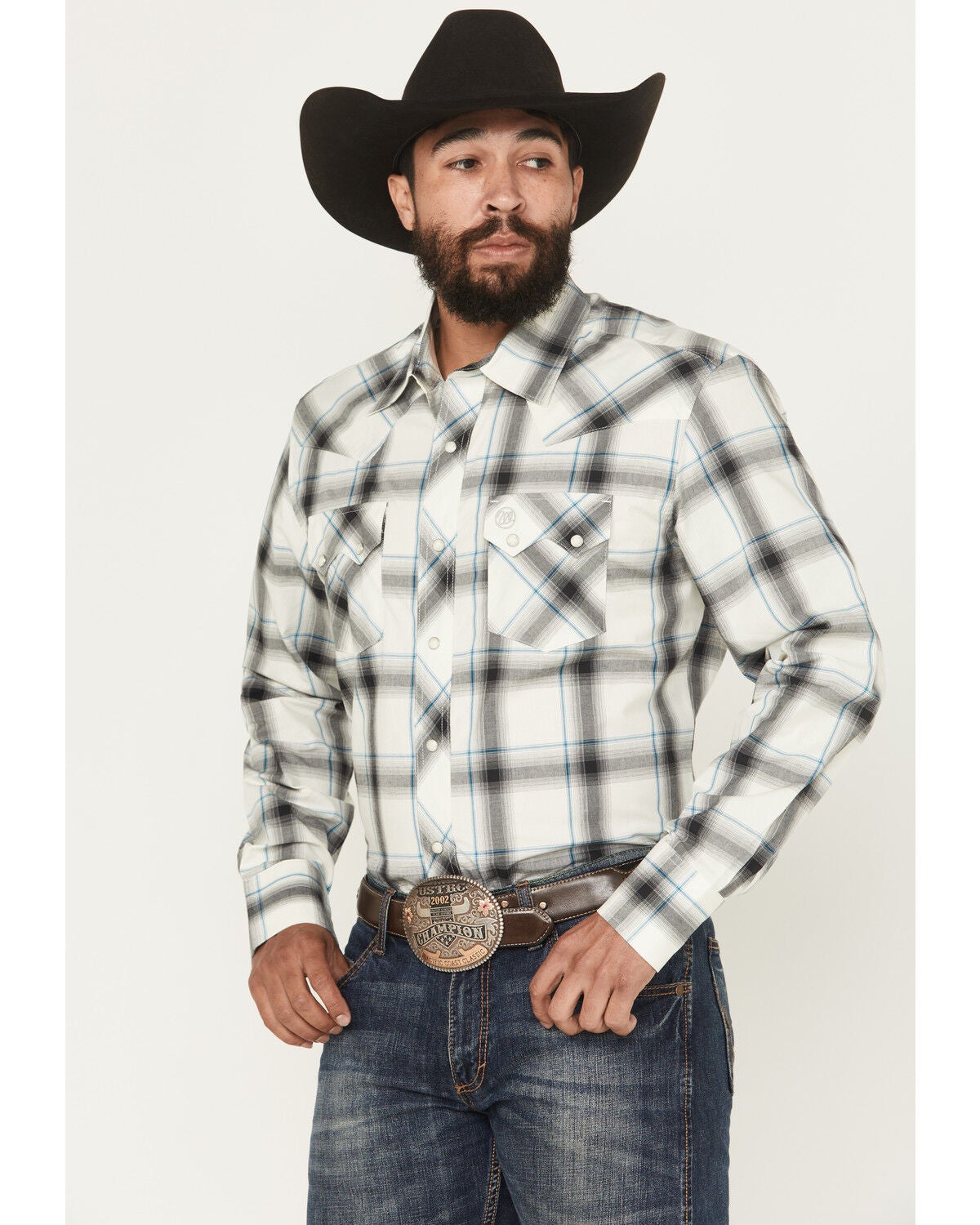 Wrangler Retro Men's Plaid Print Long Sleeve Snap Western Shirt, White, hi-res