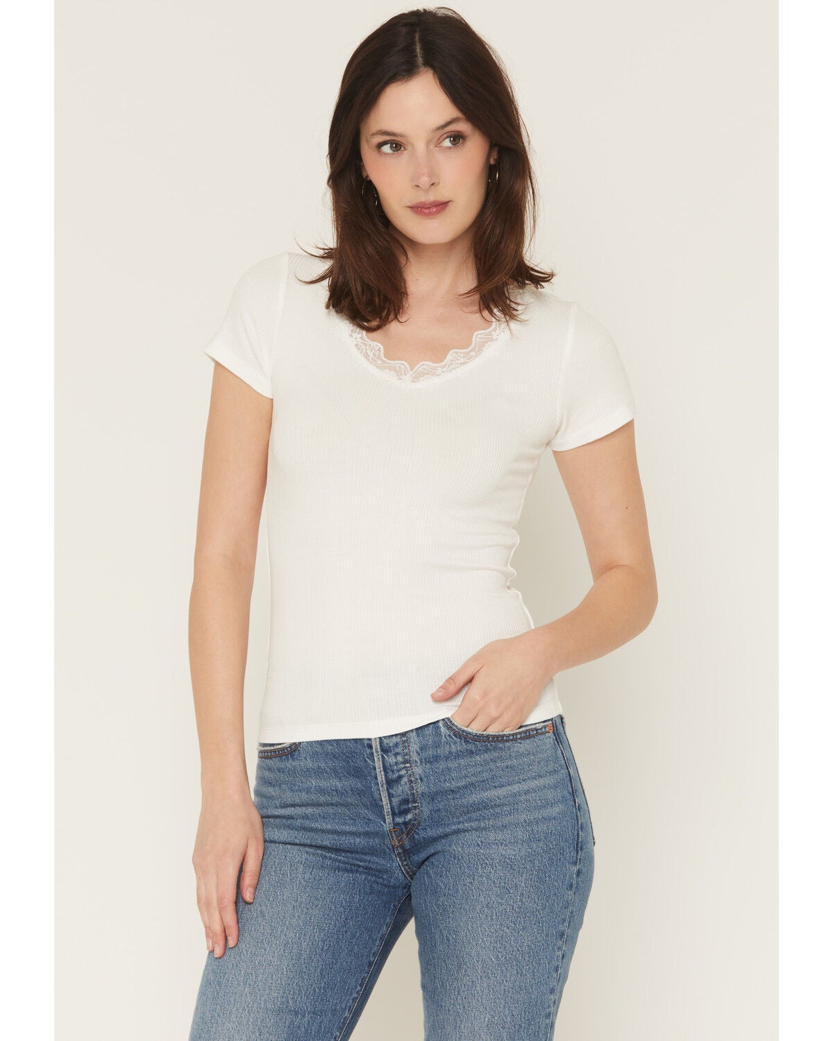 Image #1 - Blue Life Women's Lana Basic Lace V Neck Shirt, White, hi-res