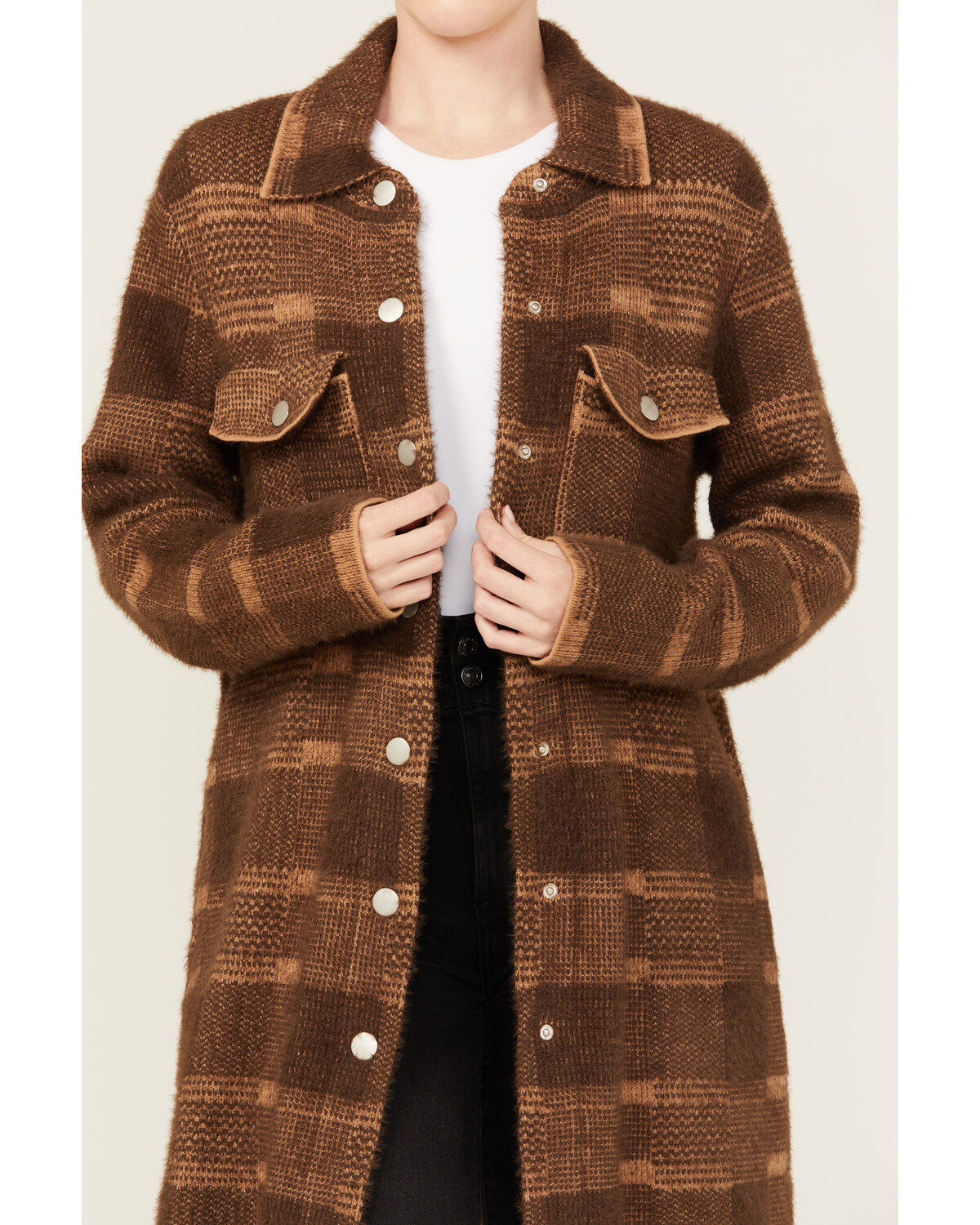 Image #6 - Panhandle Women's Plaid Print Knit Sweater Coat, Dark Brown, hi-res