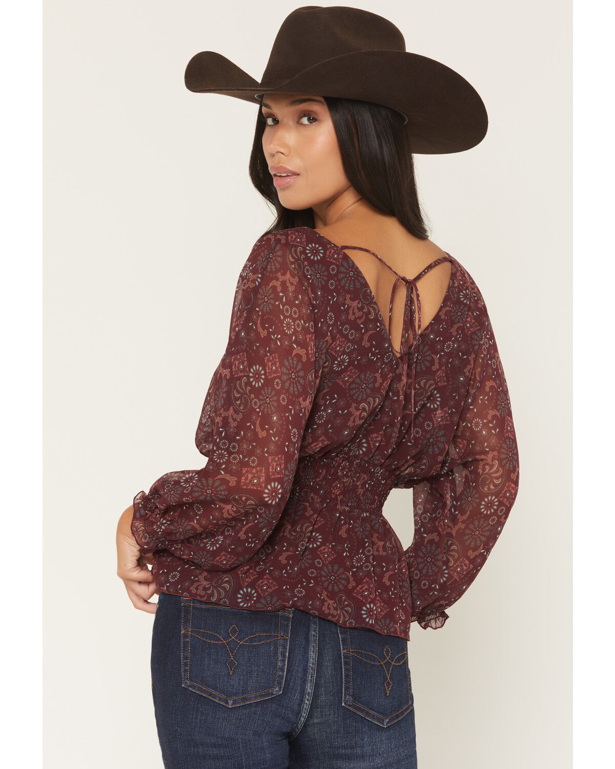 Image #4 - Shyanne Women's Roice Printed Chiffon Smocked Waist Top, Brick Red, hi-res