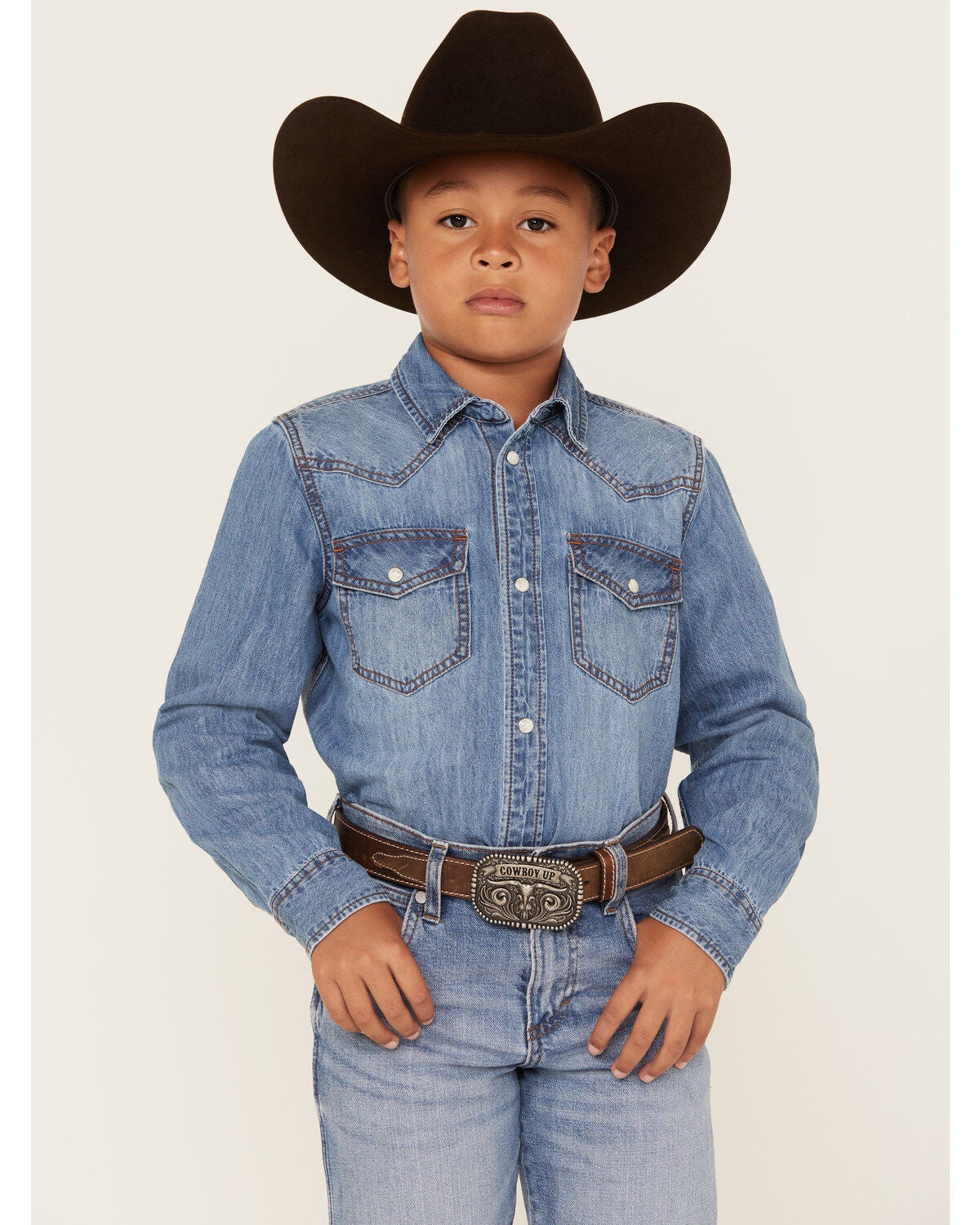 Cody James Boys' Cave Creek Long Sleeve Pearl Snap Western Denim Shirt, Medium Wash, hi-res