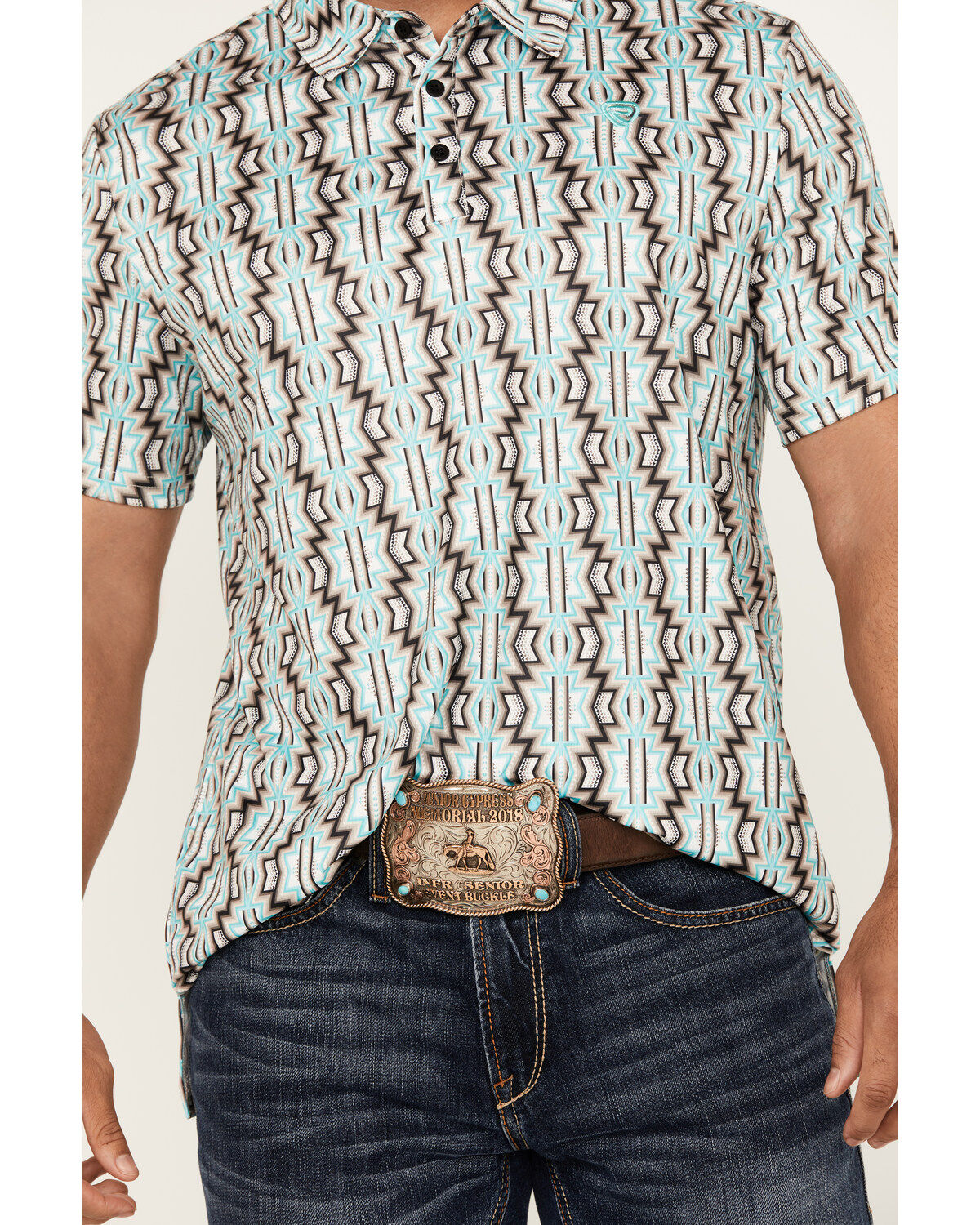 Image #3 - Rock & Roll Denim Men's Southwestern Print Short Sleeve Polo Shirt, Natural, hi-res