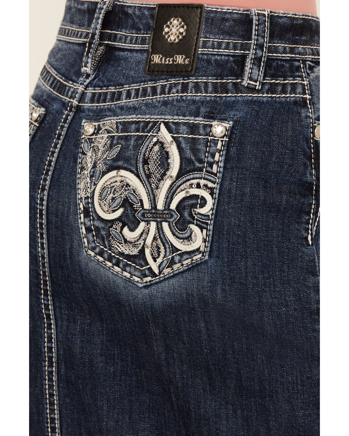 Image #2 - Miss Me Women's Dark Wash Embroidered Pocket Stretch Denim Maxi Skirt, Dark Wash, hi-res