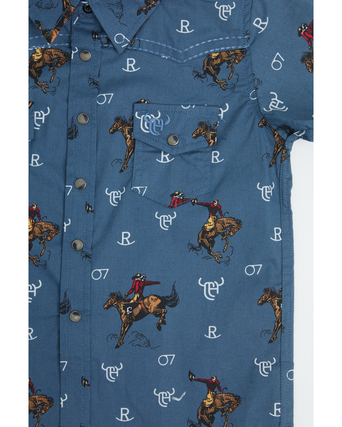 Image #2 - Cowboy Hardware Toddler Boys' Bronc Branded Short Sleeve Snap Stretch Western Shirt, Blue, hi-res
