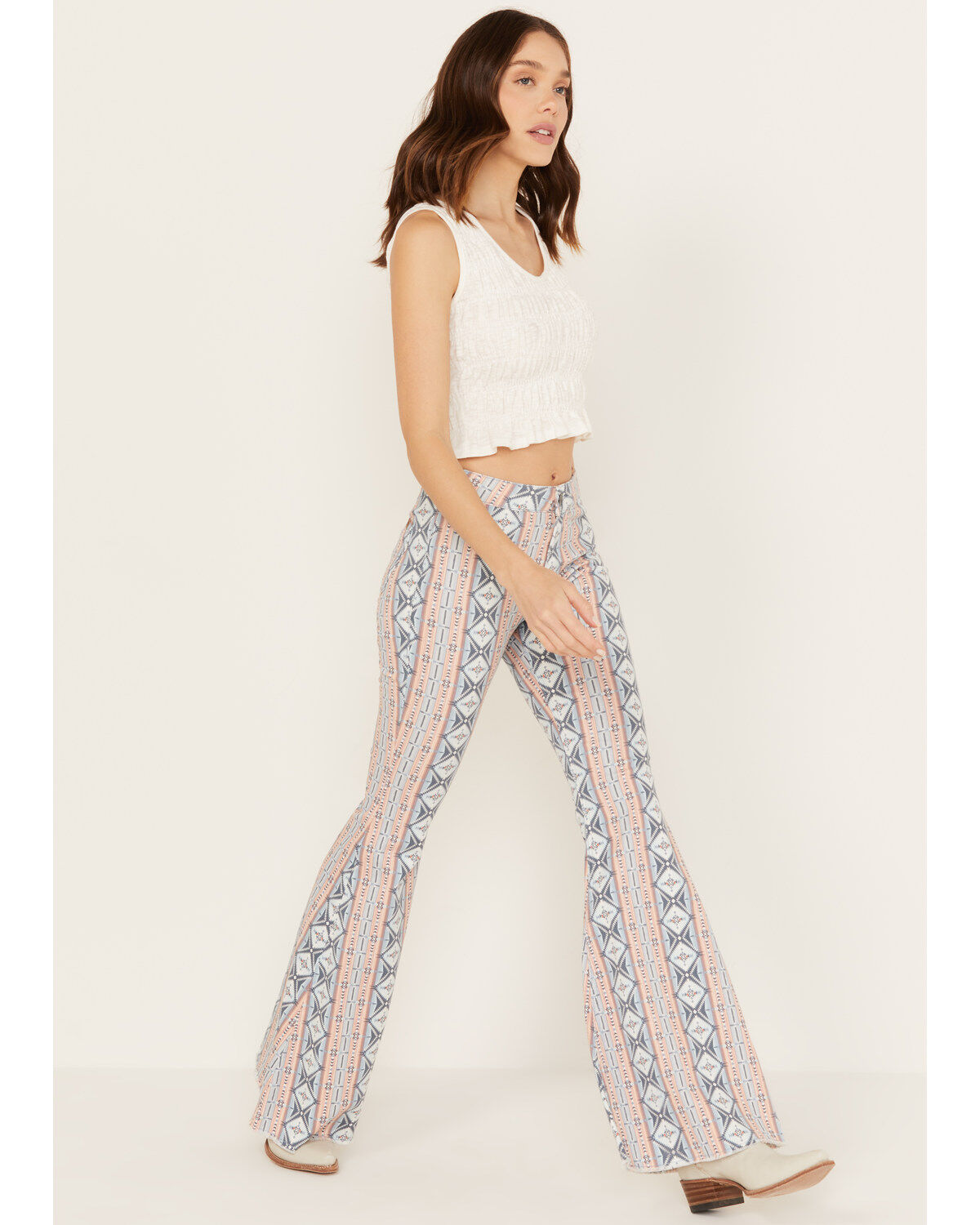 Image #1 - Rock & Roll Denim Women's High Rise Geo Print Bargain Bell Bottom Jeans, , hi-res
