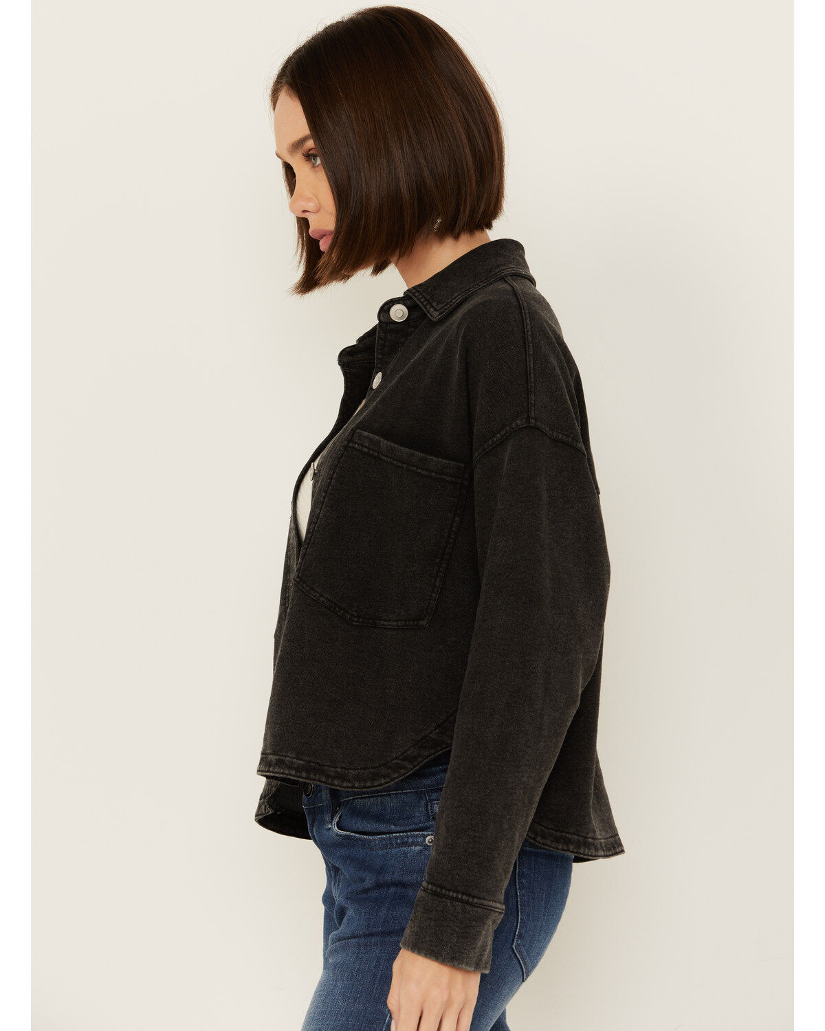 Image #2 - White Crow Women's Denim Knit Cropped Shacket, Black, hi-res