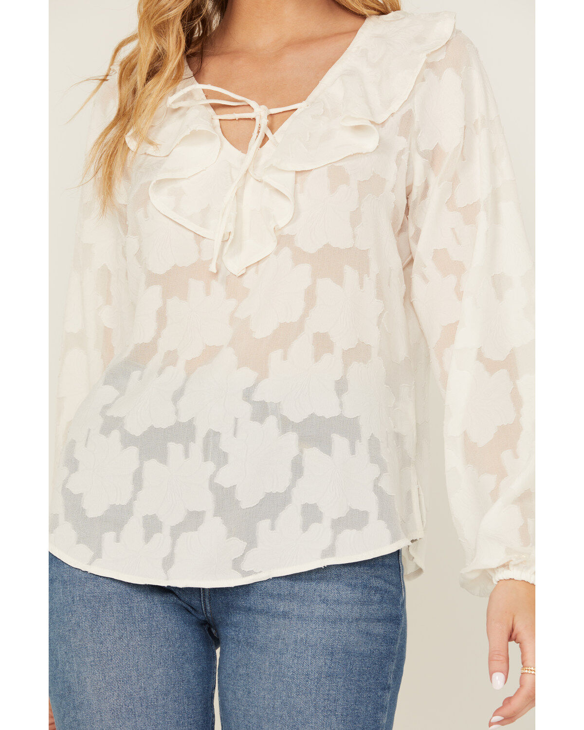 Image #3 - Shyanne Women's Floral Long Sleeve Ruffle Peasant Top, Off White, hi-res