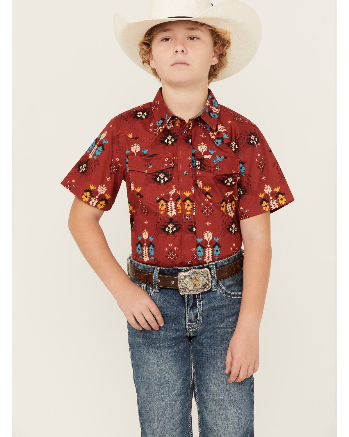 Cody James Boys' Firewater Southwestern Print Short Sleeve Snap Western Shirt, Red, hi-res