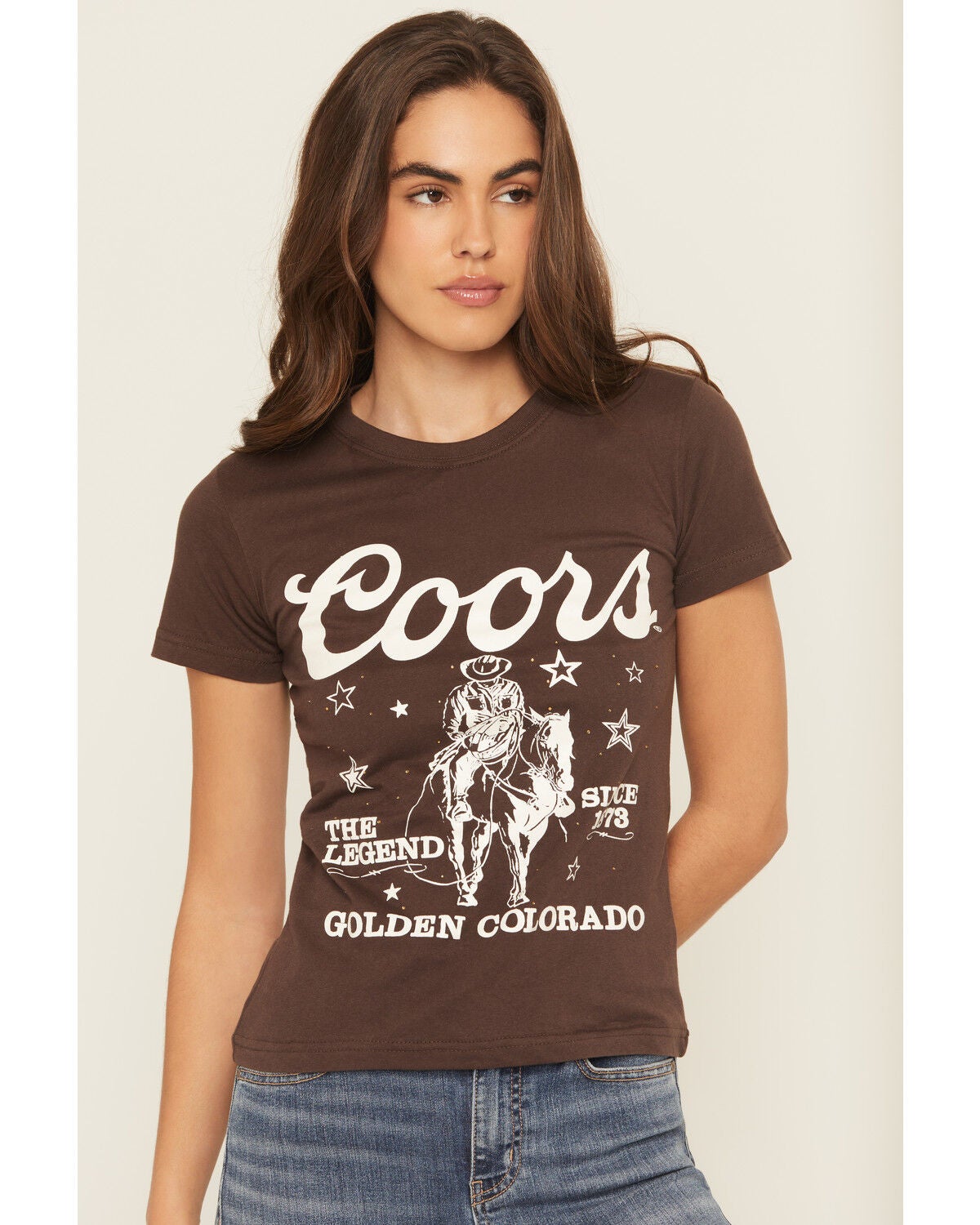 Coors Women's Rhinestone Stars Cowboy Short Sleeve Oversized Graphic Tee, Brown, hi-res