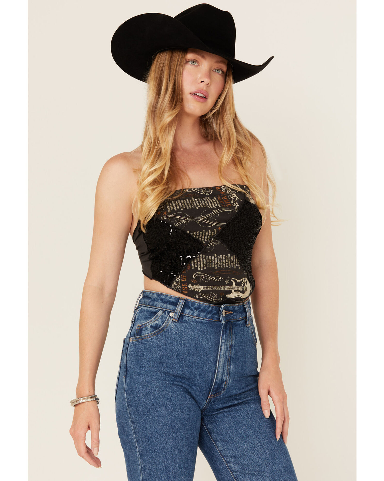 Image #2 - La La Land Women's Strapless Tie-Back Graphic Bandana Crop Top, Black, hi-res