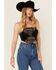 Image #2 - La La Land Women's Strapless Tie-Back Graphic Bandana Crop Top, Black, hi-res