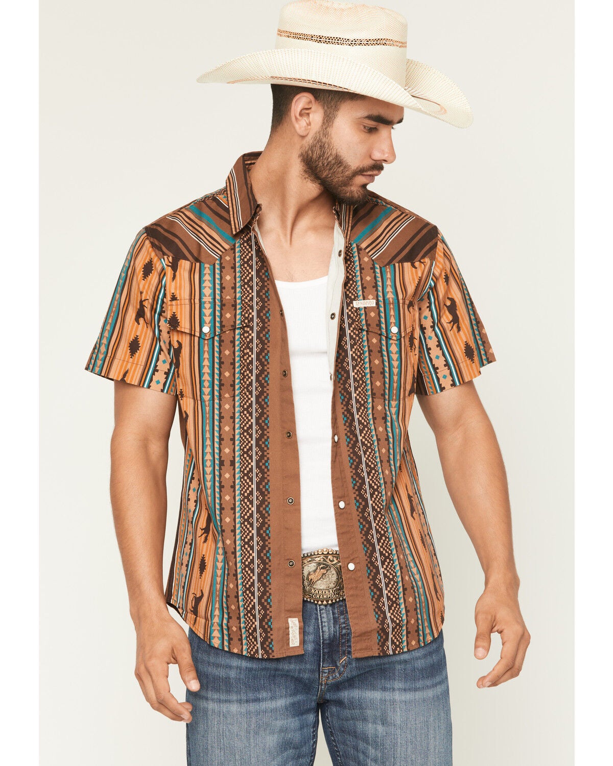 Sendero Provisions Men's Wyatt Southwestern Serape Striped Short Sleeve Snap Western Shirt, Brown, hi-res