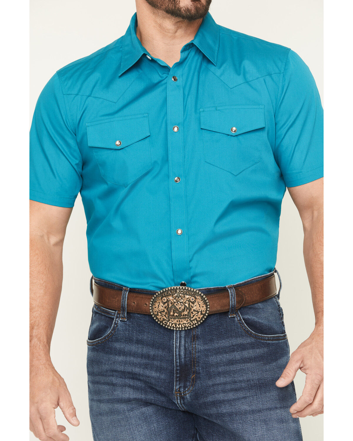 Image #2 - Gibson Trading Co Men's Solid Short Sleeve Snap Stretch Western Shirt, Teal, hi-res